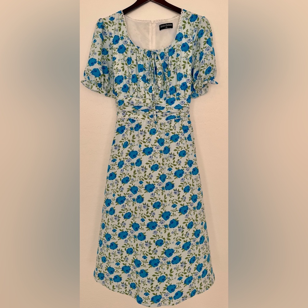 Scarlet Darkness Blue Floral Cottage Core Peasant Midi Dress SZ 2XL Back Tie